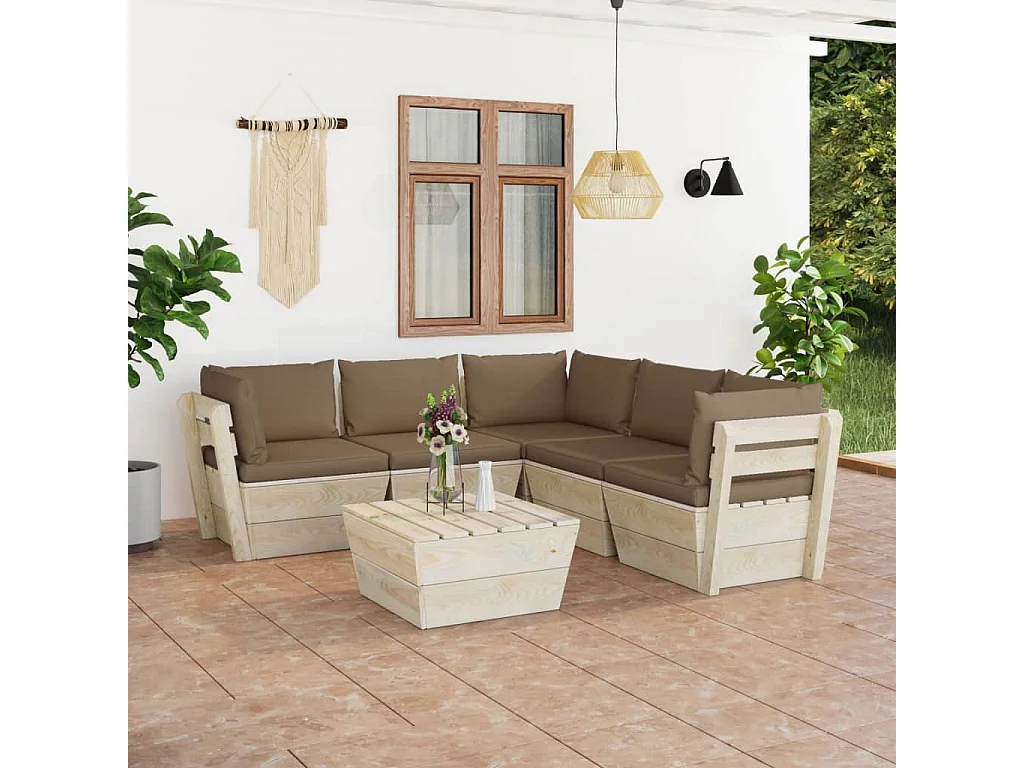 Salon de jardin palette 6 pcs avec coussins bois d'épicéa