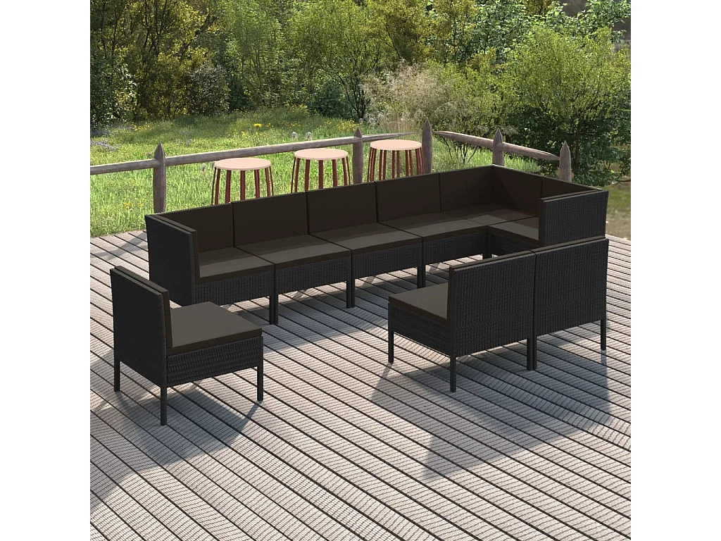 Salon de jardin 9 pcs avec coussins Résine tressée Noir