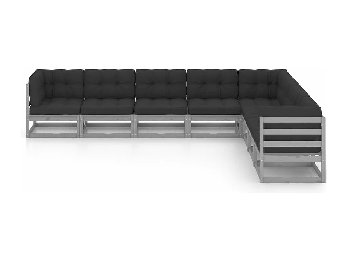 Salon de jardin 8 pcs avec coussins Gris Bois de pin massif