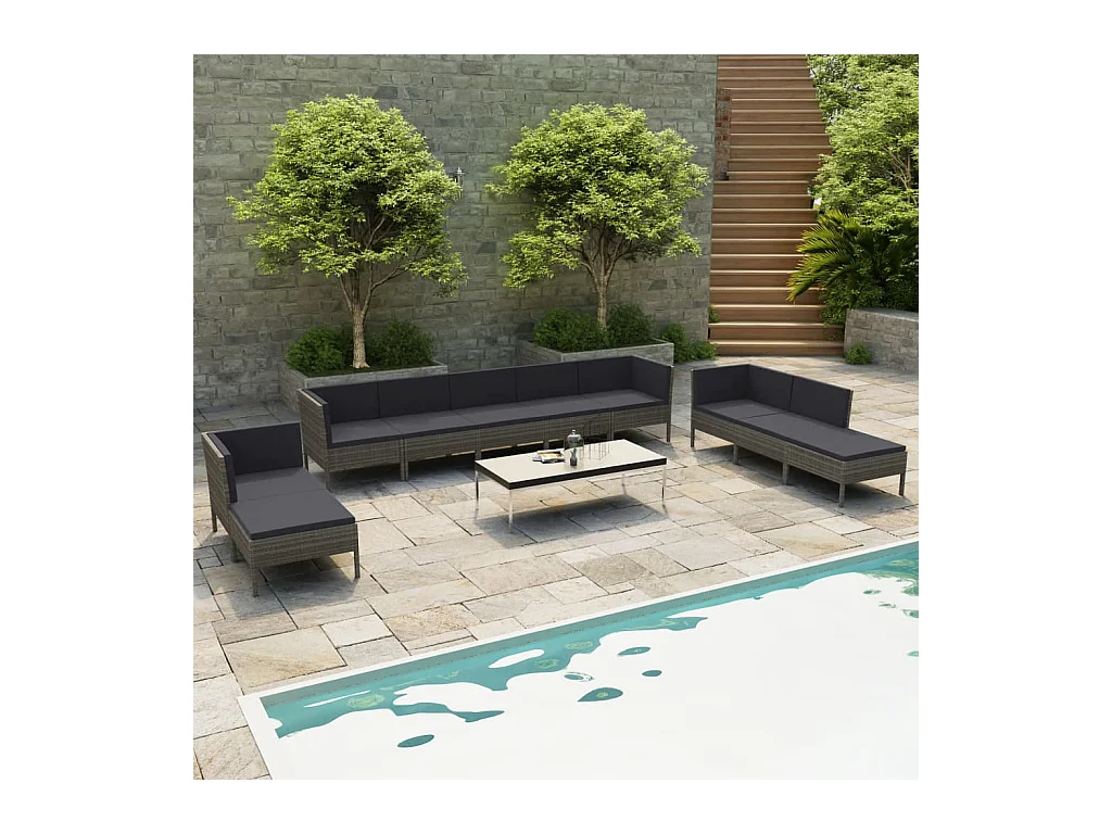 Salon de jardin 10 pcs avec coussins Résine tressée Gris