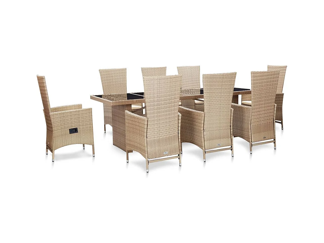 Ensemble à manger d'extérieur et coussins 9 pcs résine tressée