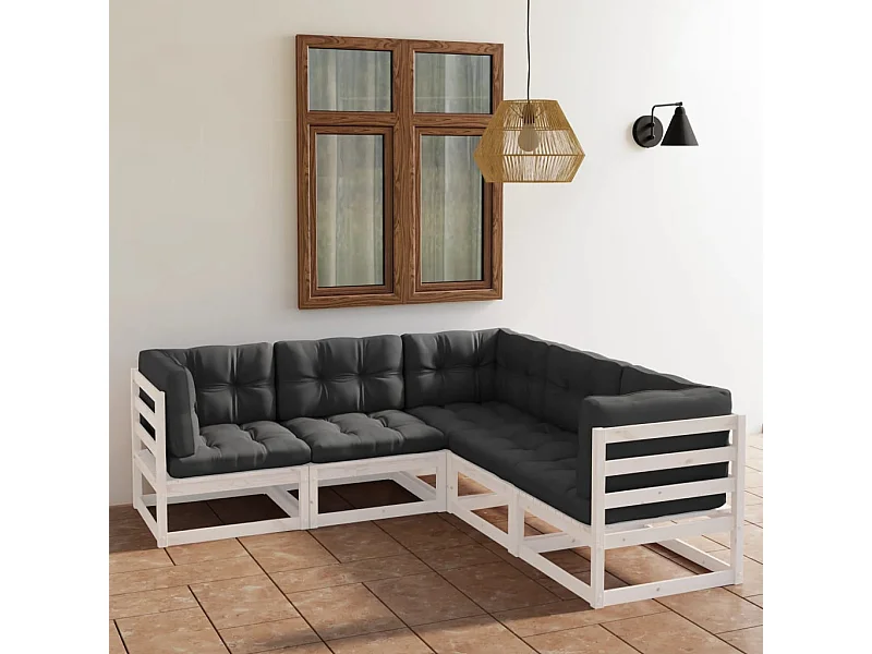Set Divani da Giardino 5 pz con Cuscini Legno Massello di Pino