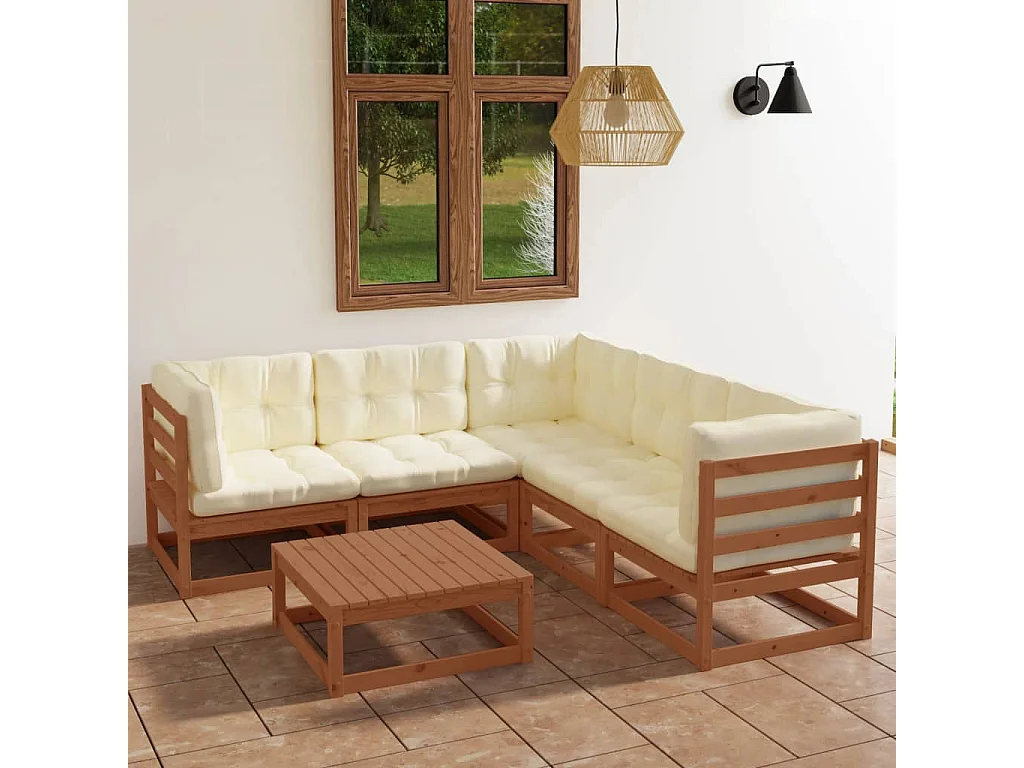Salon de jardin 6 pcs avec coussins Bois de pin massif