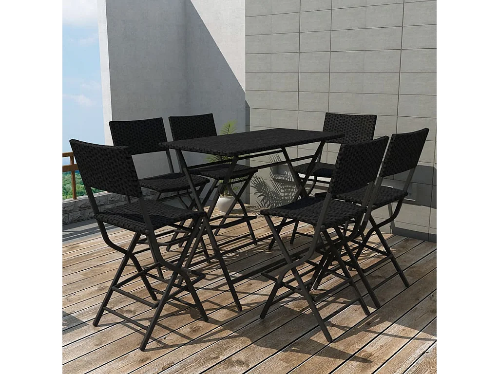 Set comedor de jardín plegable 7 pzas poli ratán y acero negro