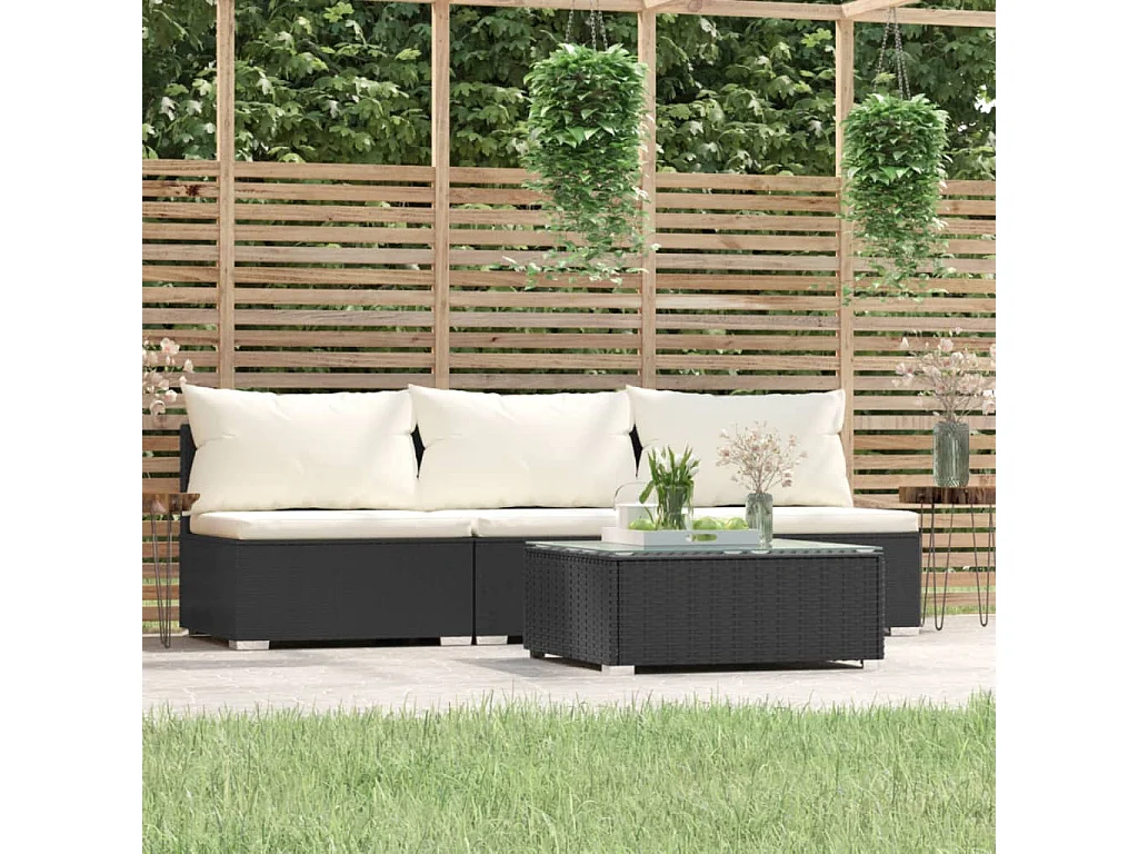 4-delige Loungeset met kussens poly rattan zwart