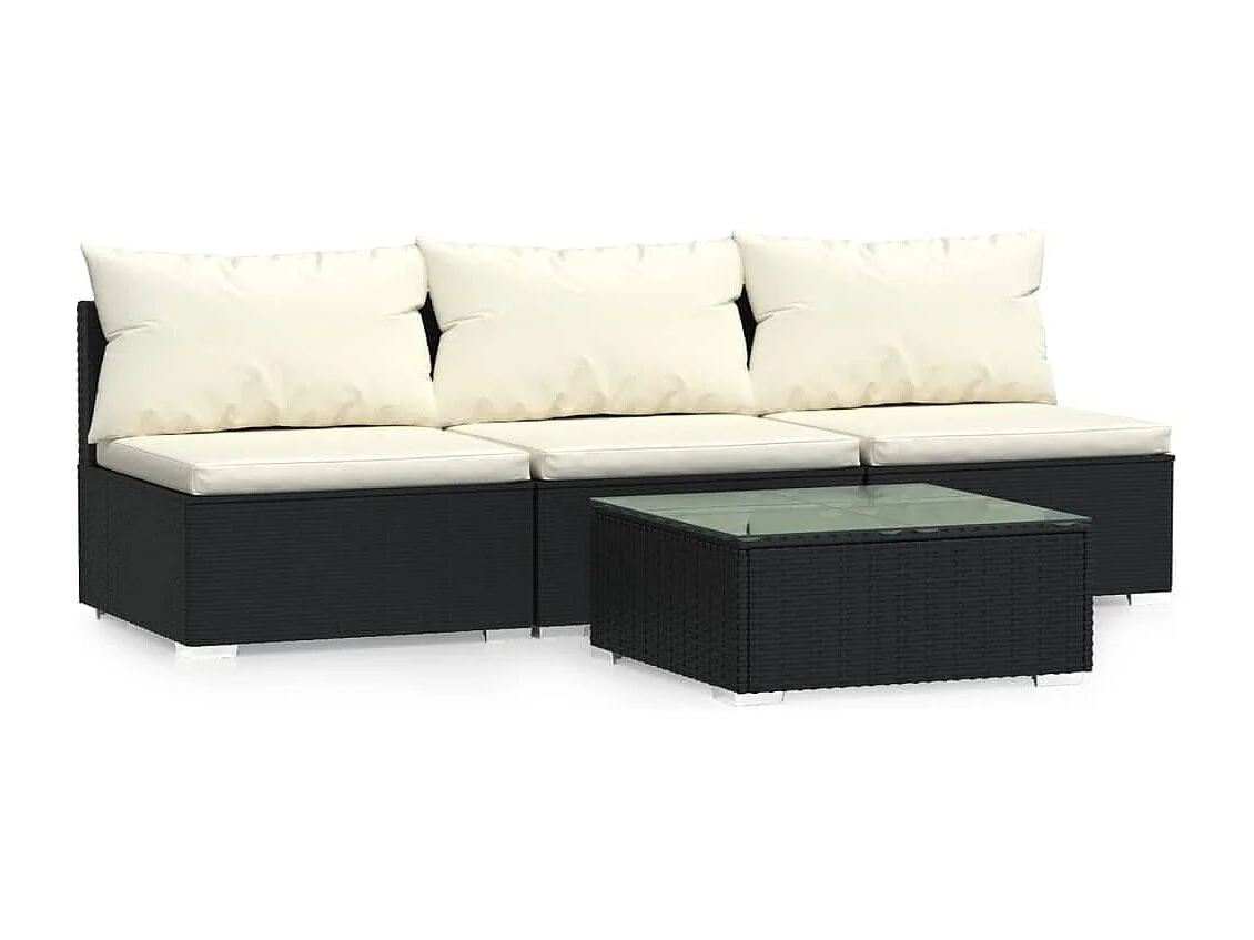 4-delige Loungeset met kussens poly rattan zwart