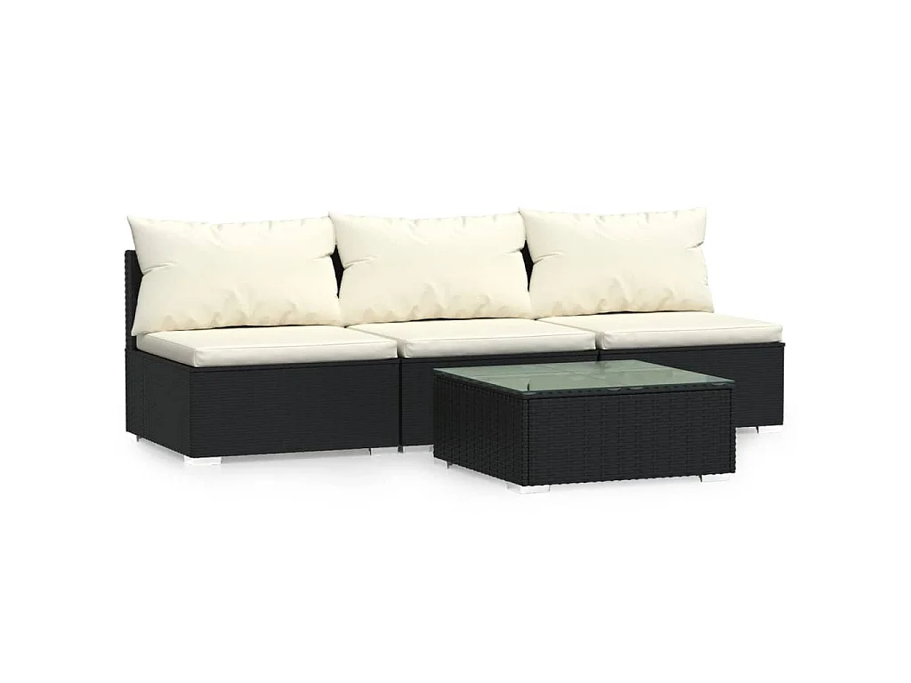 4-tlg. Garten-Lounge-Set mit Kissen Schwarz Poly Rattan