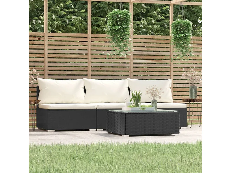 4-delige Loungeset met kussens poly rattan zwart