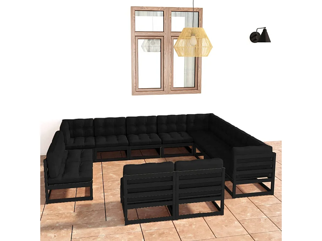 Salon de jardin 12 pcs avec coussins Noir Bois de pin massif