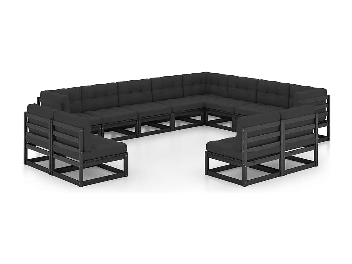 Salon de jardin 12 pcs avec coussins Noir Bois de pin massif