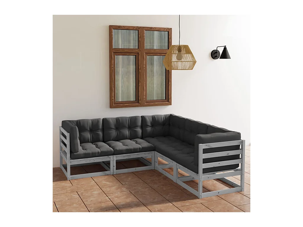5-delige Loungeset met kussens massief grenenhout