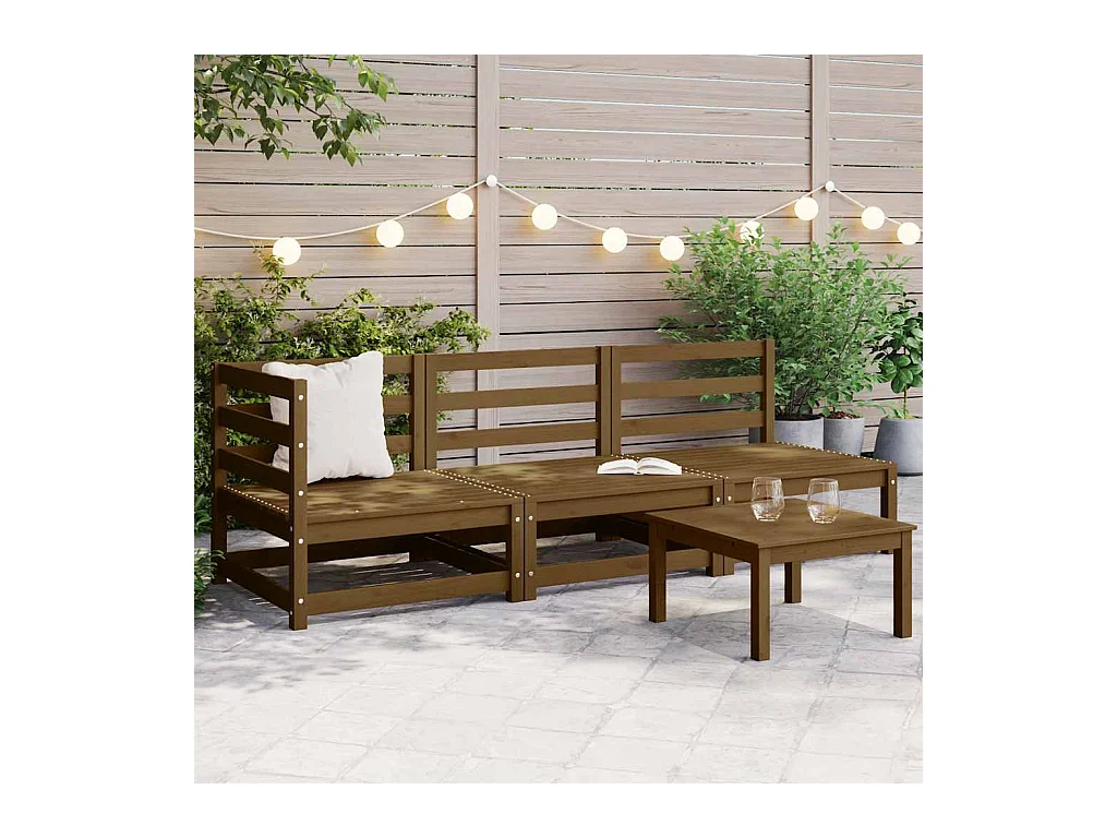 Salon de jardin 3 pcs marron miel bois de pin massif
