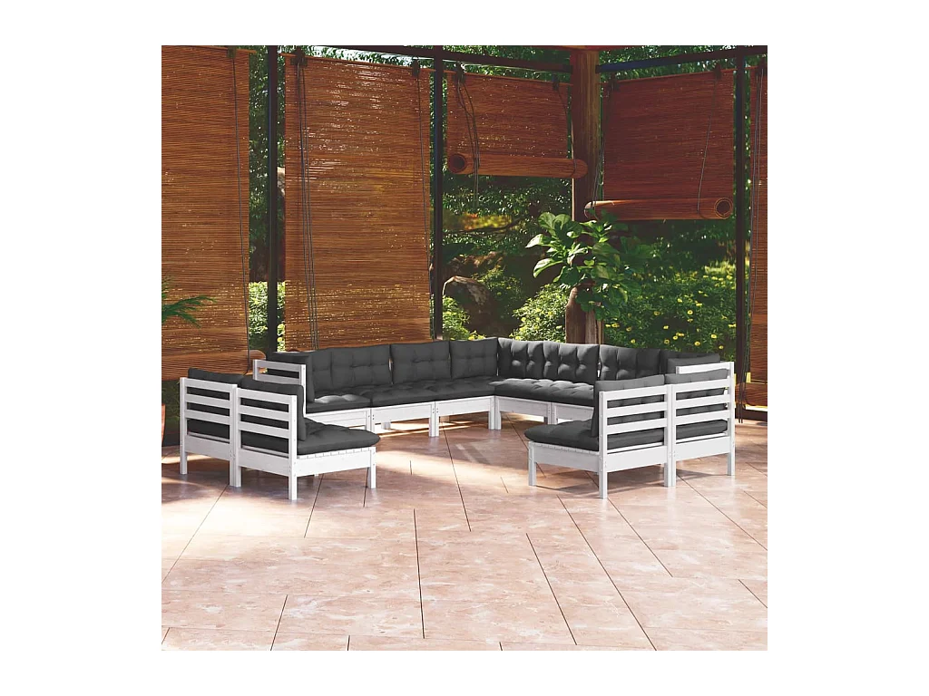 Salon de jardin 11 pcs avec coussins blanc bois de pin solide