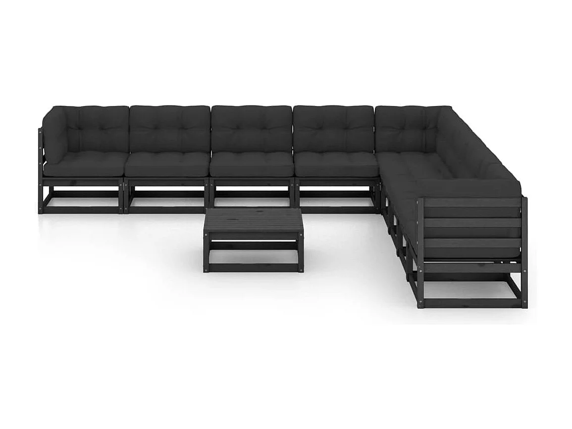 Salon de jardin 10 pcs avec coussins Noir Bois de pin massif
