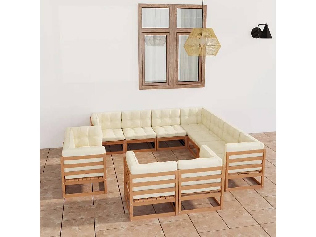 Salon de jardin 11 pcs avec coussins Marron miel Bois de pin