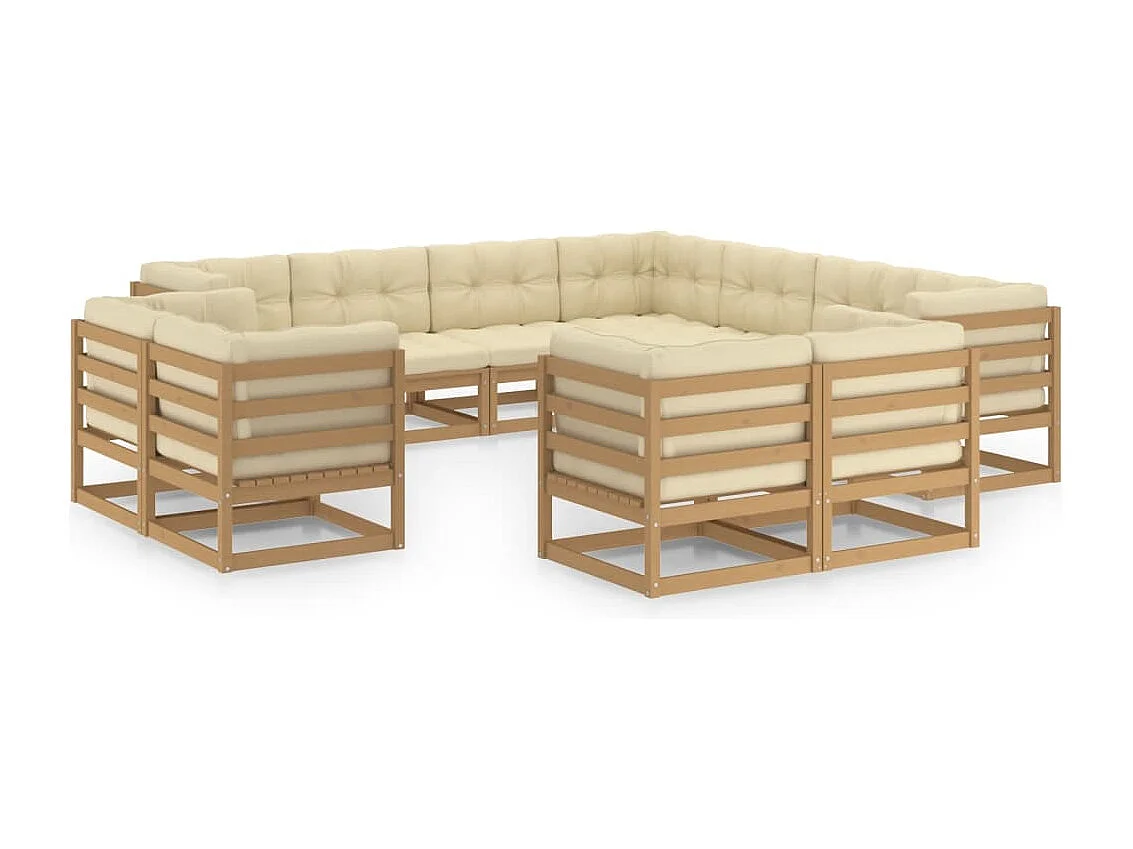 Salon de jardin 11 pcs avec coussins Marron miel Bois de pin