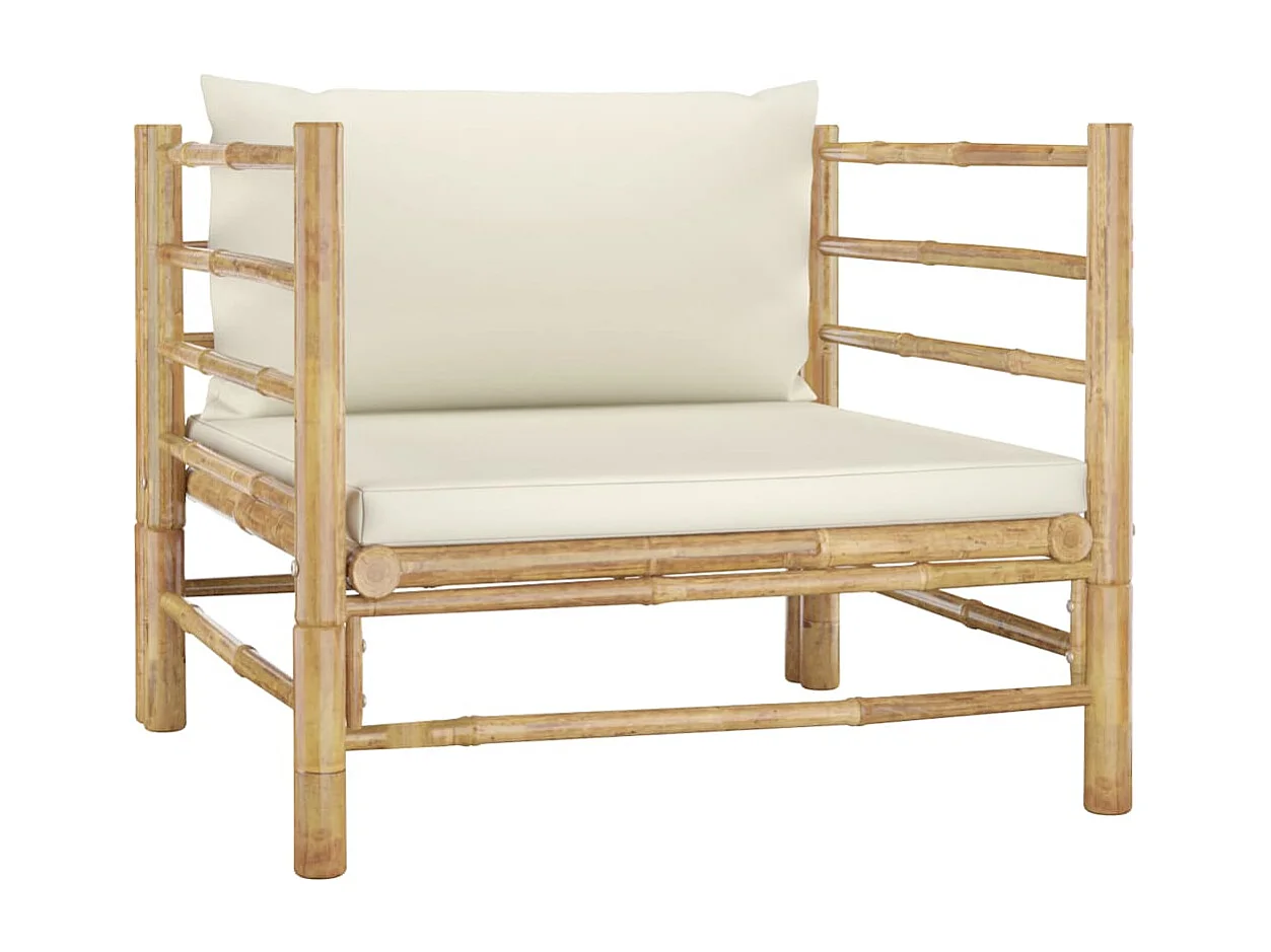 Salon de jardin 7 pcs avec coussins blanc crème bambou