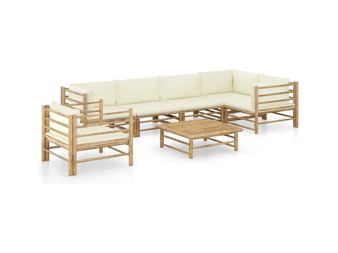Salon de jardin 7 pcs avec coussins blanc crème bambou