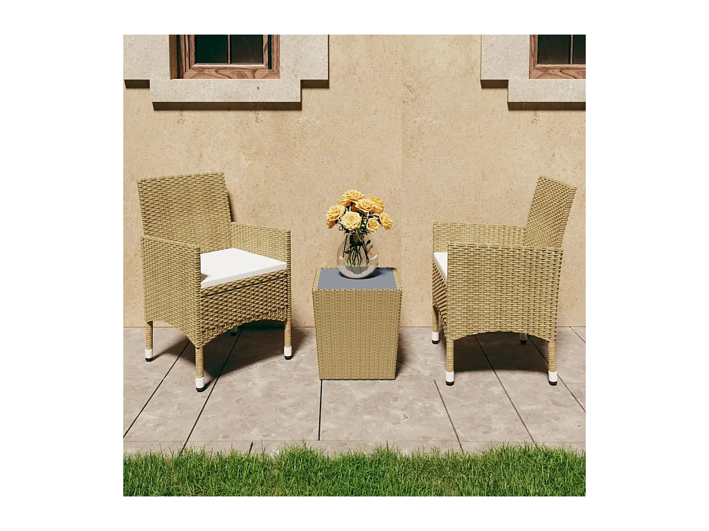 Ensemble de bistro 3 pcs Résine tressée et verre trempé Beige