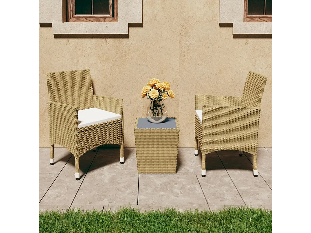 Ensemble de bistro 3 pcs Résine tressée et verre trempé Beige