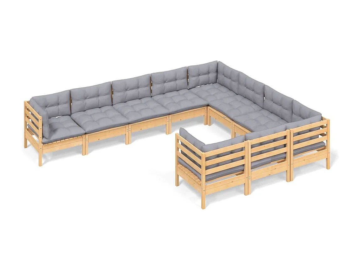 10-tlg. Garten-Lounge-Set mit Grauen Kissen Kiefernholz
