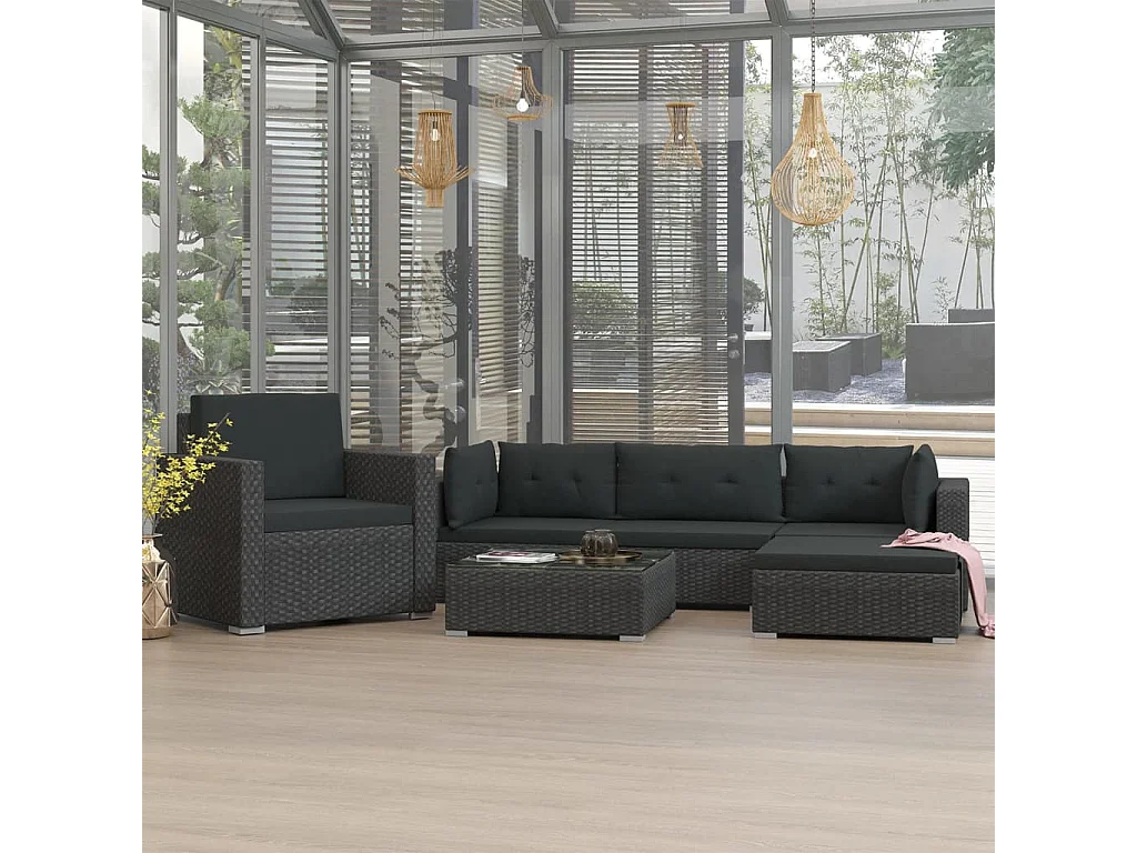Set Divani da Giardino 6 pz con Cuscini in Polyrattan Nero
