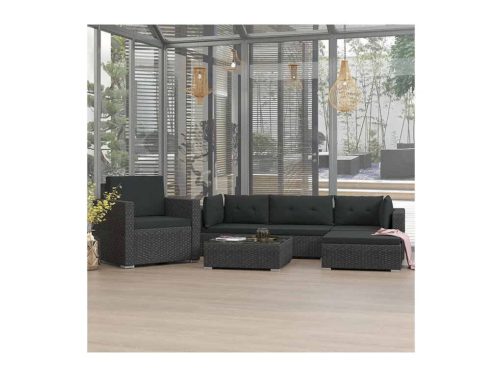 Salon de jardin 6 pcs avec coussins Résine tressée Noir