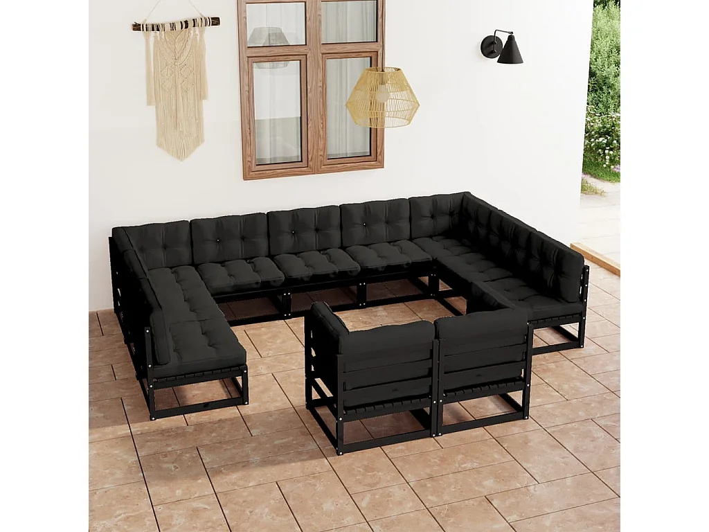 Salon de jardin 11 pcs avec coussins Noir Bois de pin massif