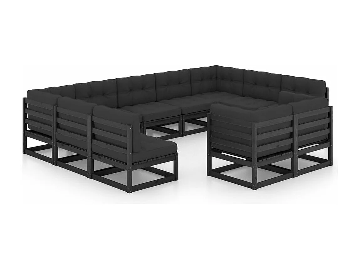Salon de jardin 11 pcs avec coussins Noir Bois de pin massif
