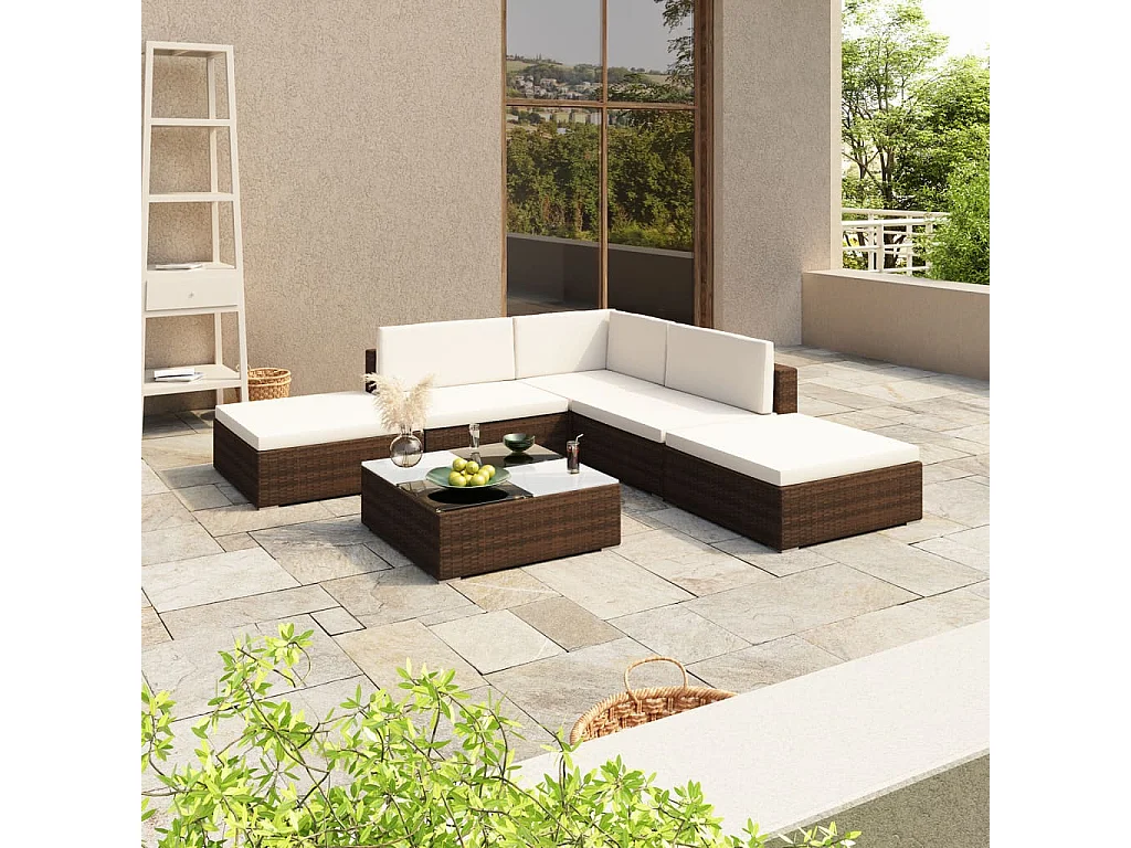 Set Divani da Giardino 6 pz con Cuscini in Polyrattan Marrone