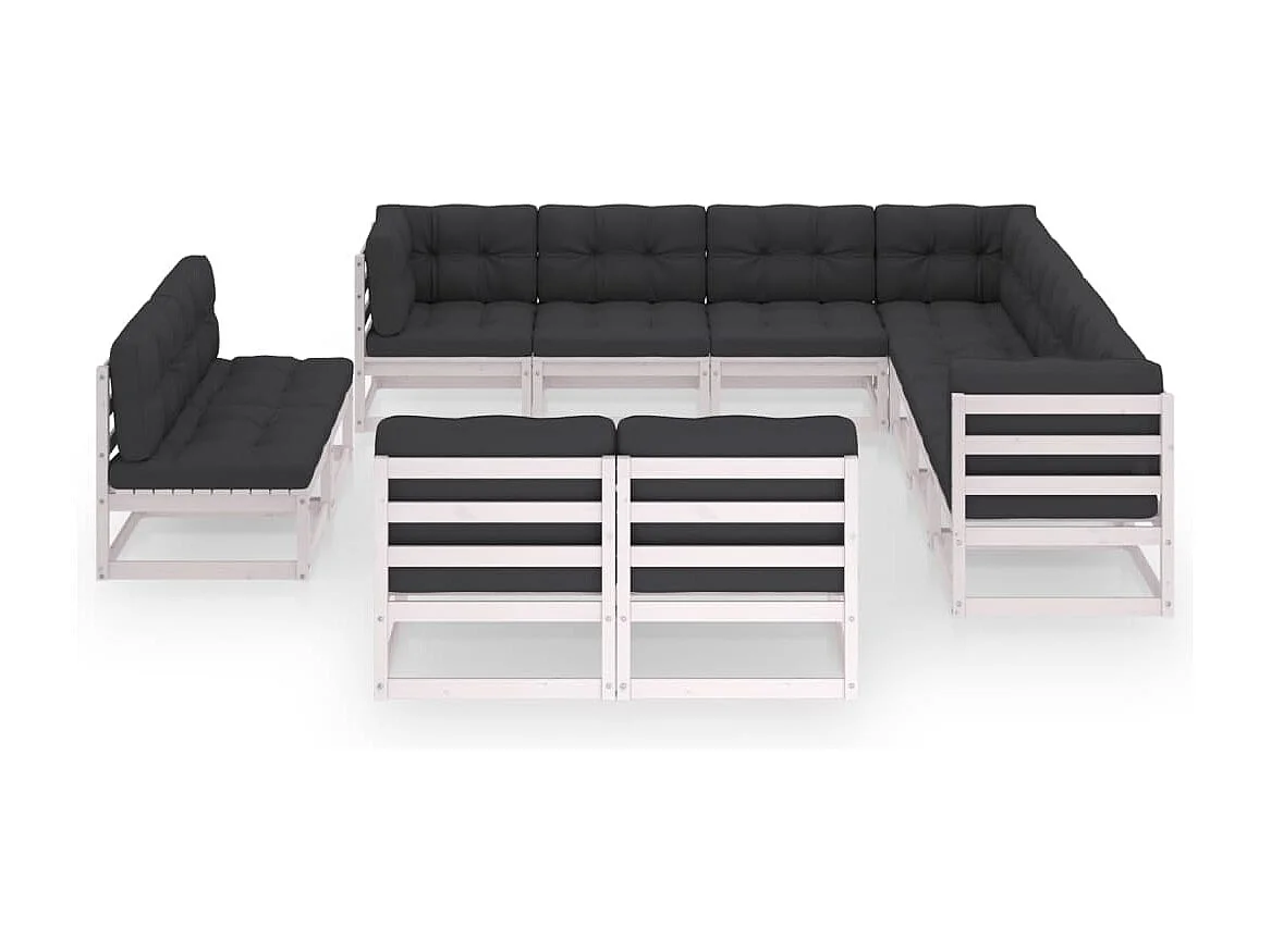 Salon de jardin 11 pcs avec coussins Blanc Bois de pin massif