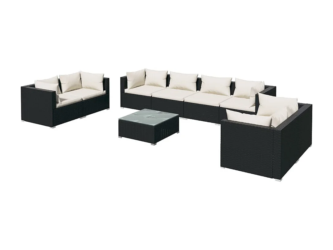9 pcs conjunto lounge de jardim c/ almofadões vime PE preto