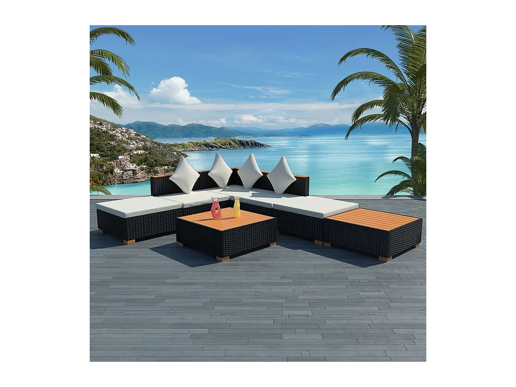 Salon de jardin 7 pcs avec coussins Résine tressée Noir