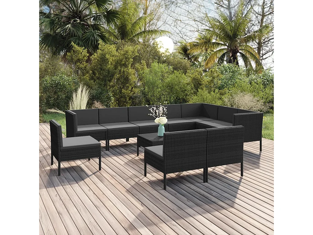 Set Divani da Giardino 11 pz con Cuscini in Polyrattan Nero