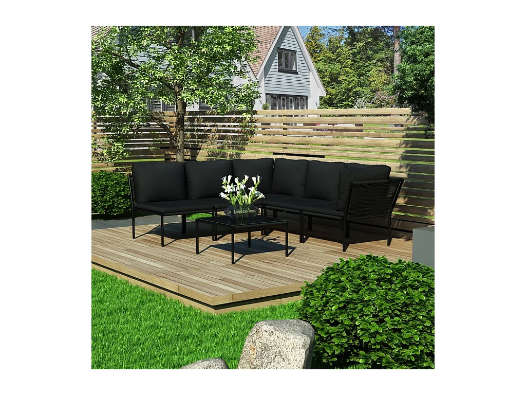 Salon de jardin 6 pcs avec coussins Noir PVC