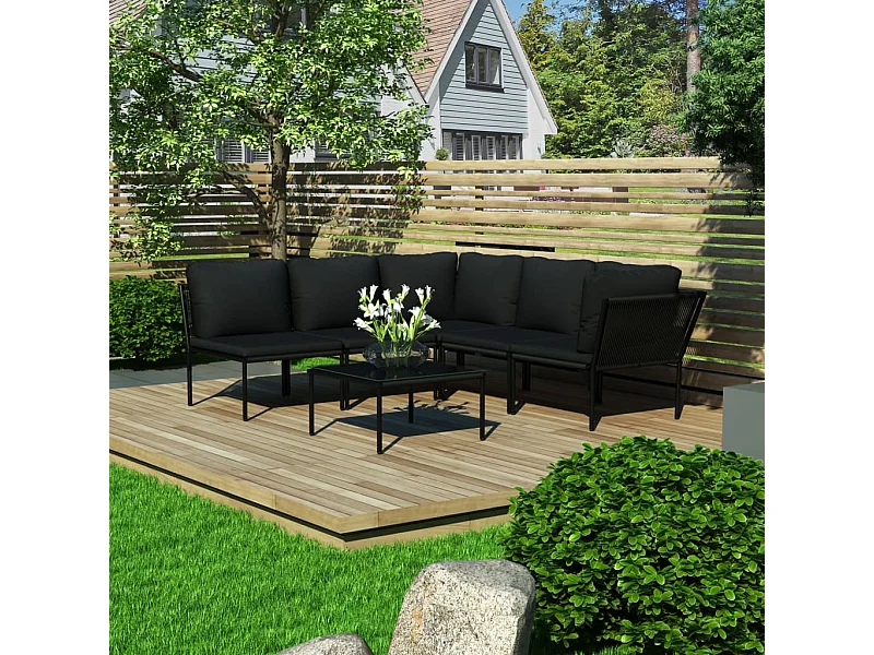 Salon de jardin 6 pcs avec coussins Noir PVC