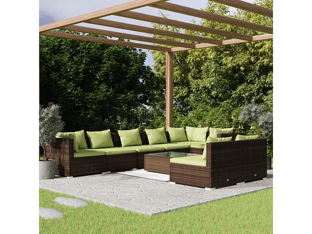 9-tlg. Garten-Lounge-Set mit Kissen Braun Poly Rattan