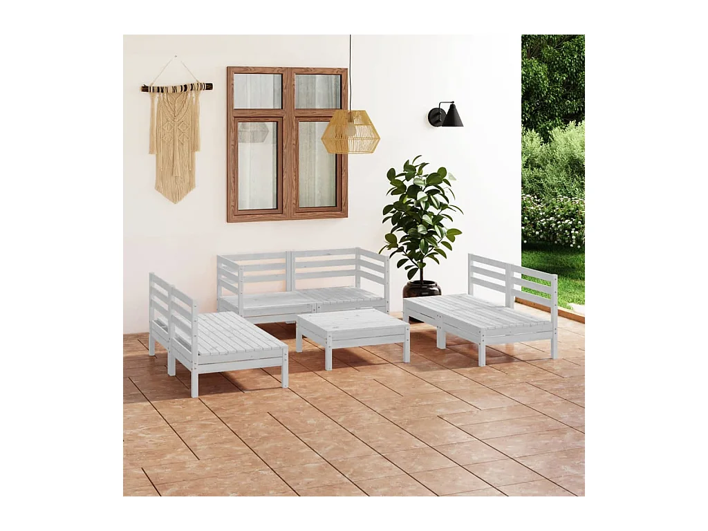 Salon de jardin 7 pcs Blanc Bois de pin massif