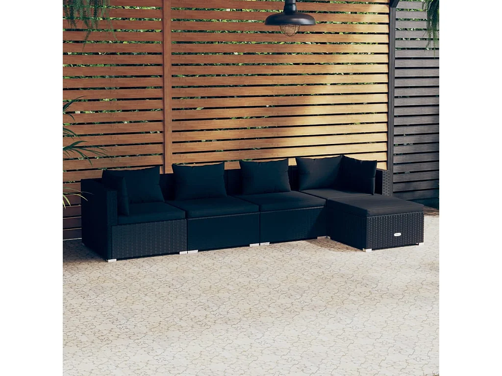 Set Divani da Giardino 5 pz con Cuscini in Polyrattan Nero