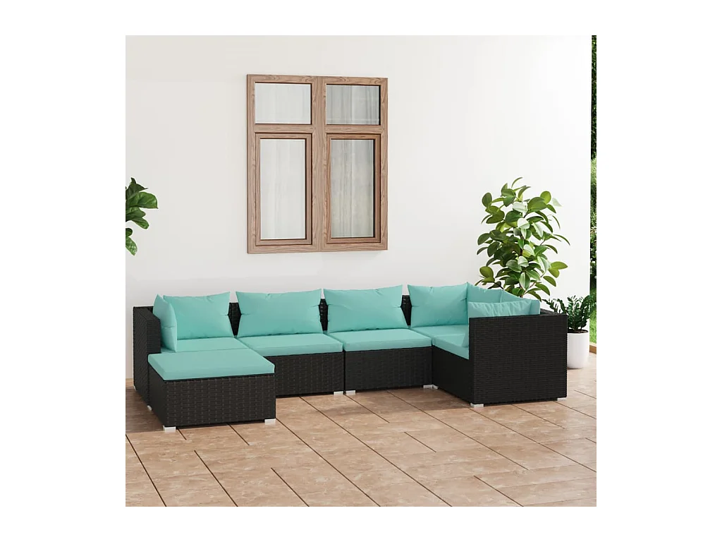 Salon de jardin 6 pcs avec coussins Résine tressée Noir