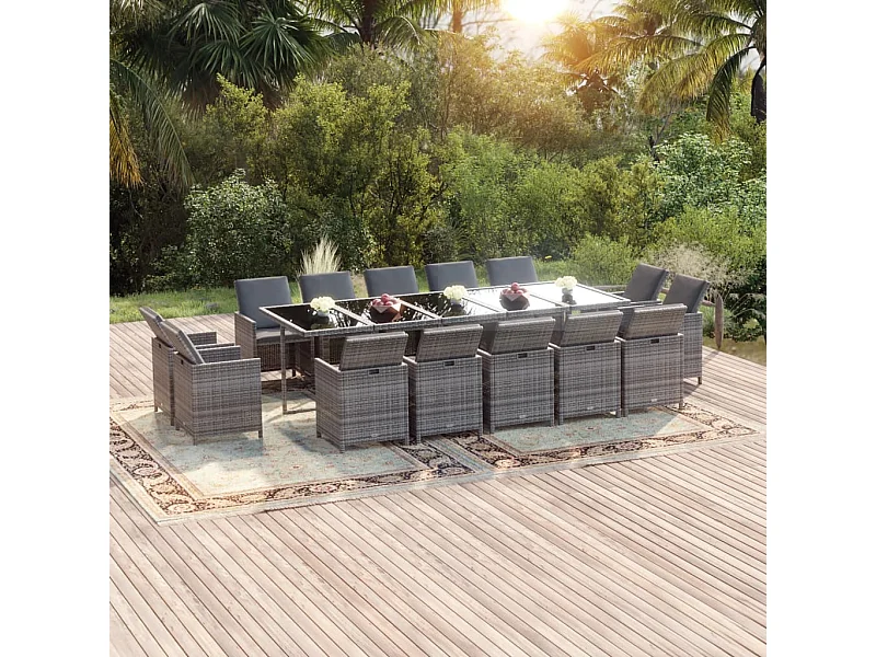 Ensemble à manger de jardin coussins 15 pcs Résine tressée Gris