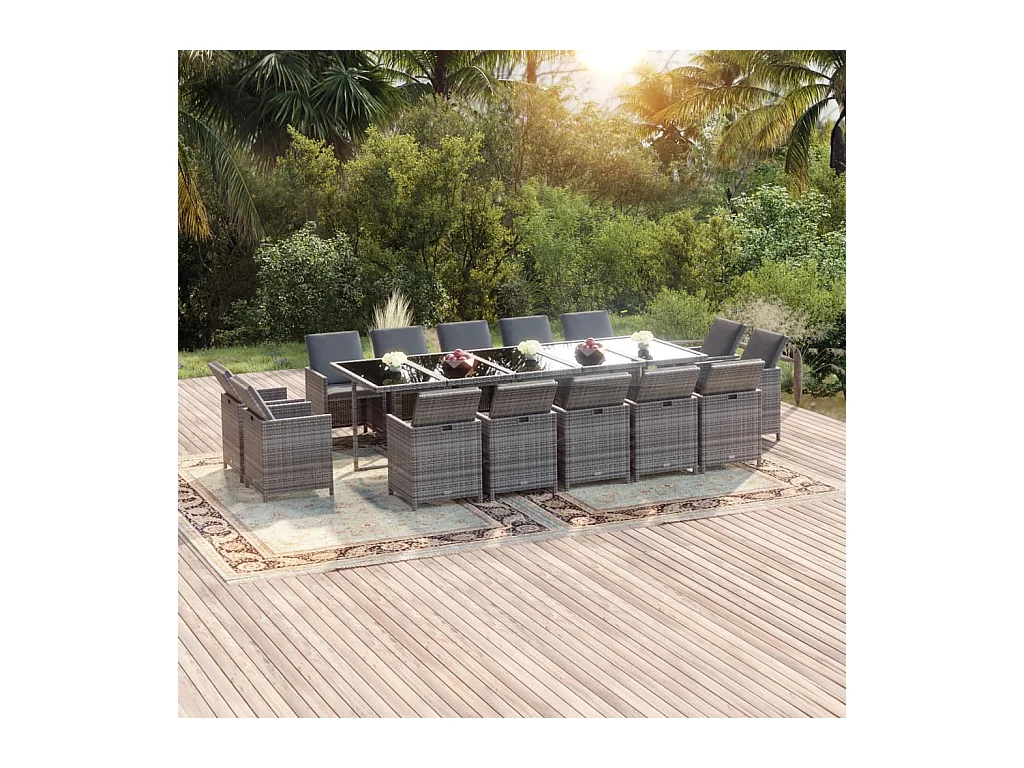 Ensemble à manger de jardin coussins 15 pcs Résine tressée Gris