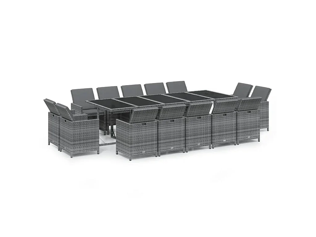 Ensemble à manger de jardin coussins 15 pcs Résine tressée Gris