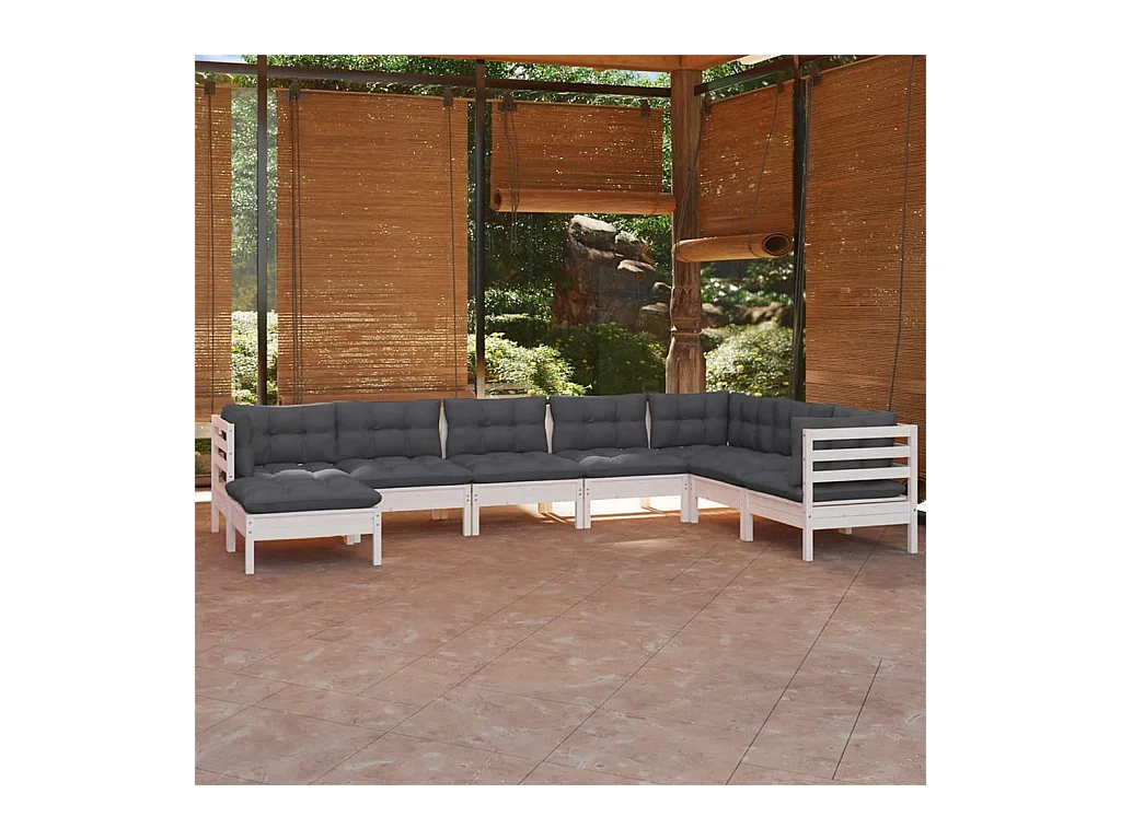 Salon de jardin 8 pcs avec coussins blanc bois de pin massif