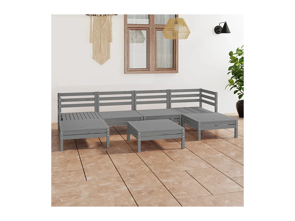 Set Salotto da Giardino 7 pz in Legno Massello di Pino Grigio