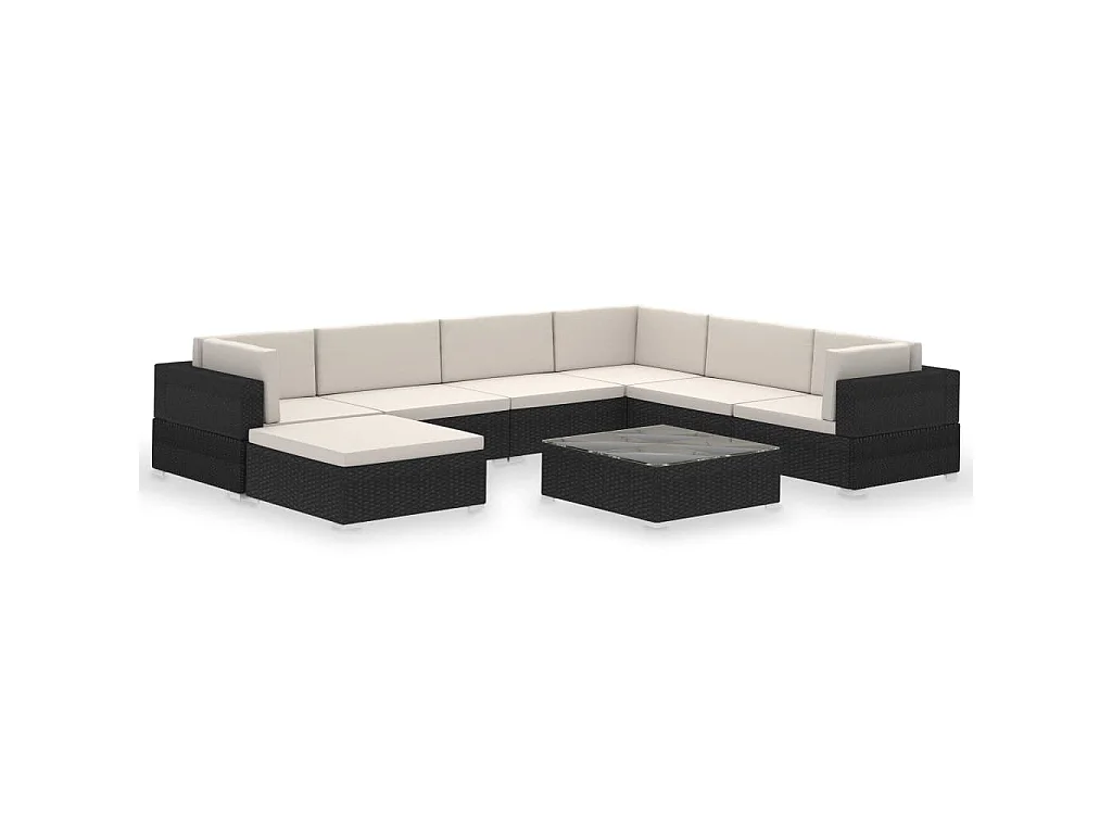 8-delige Loungeset met kussens poly rattan zwart