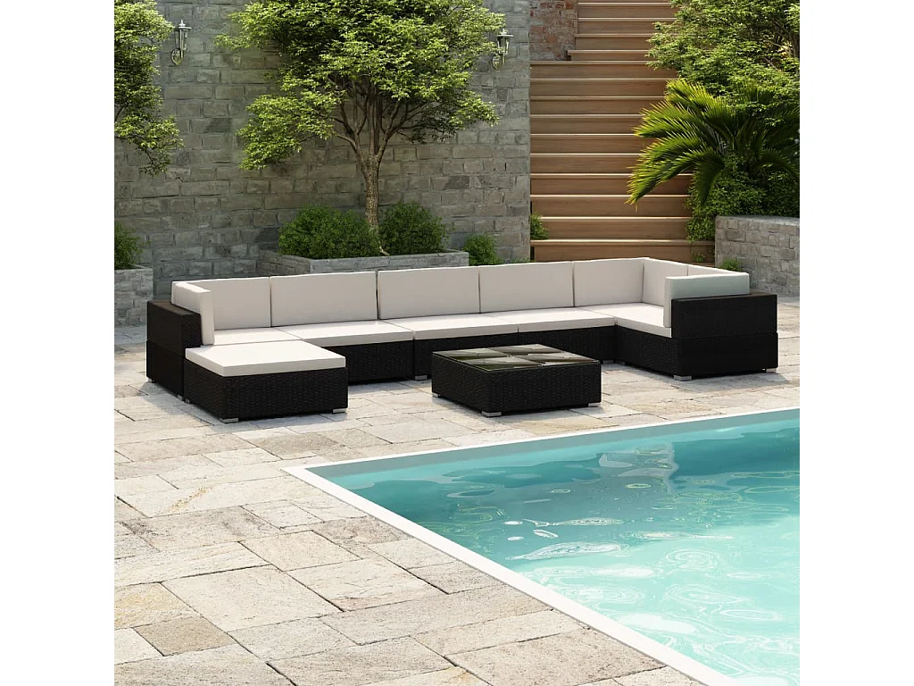 8-delige Loungeset met kussens poly rattan zwart