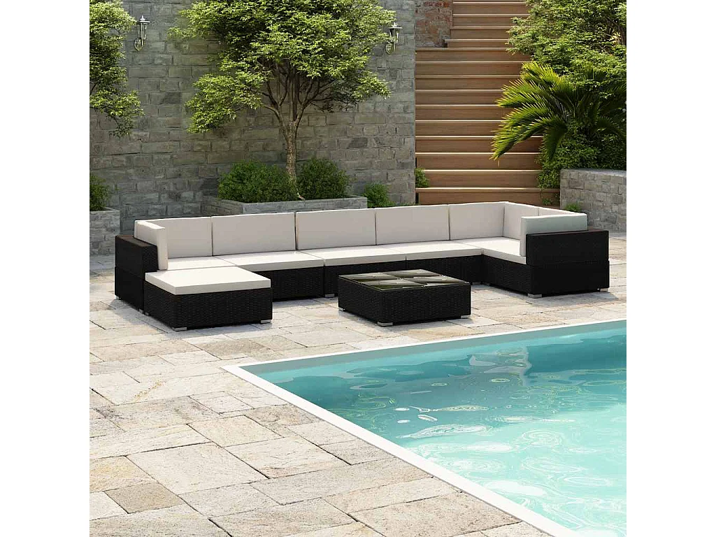 Set Divani da Giardino 8 pz con Cuscini in Polyrattan Nero
