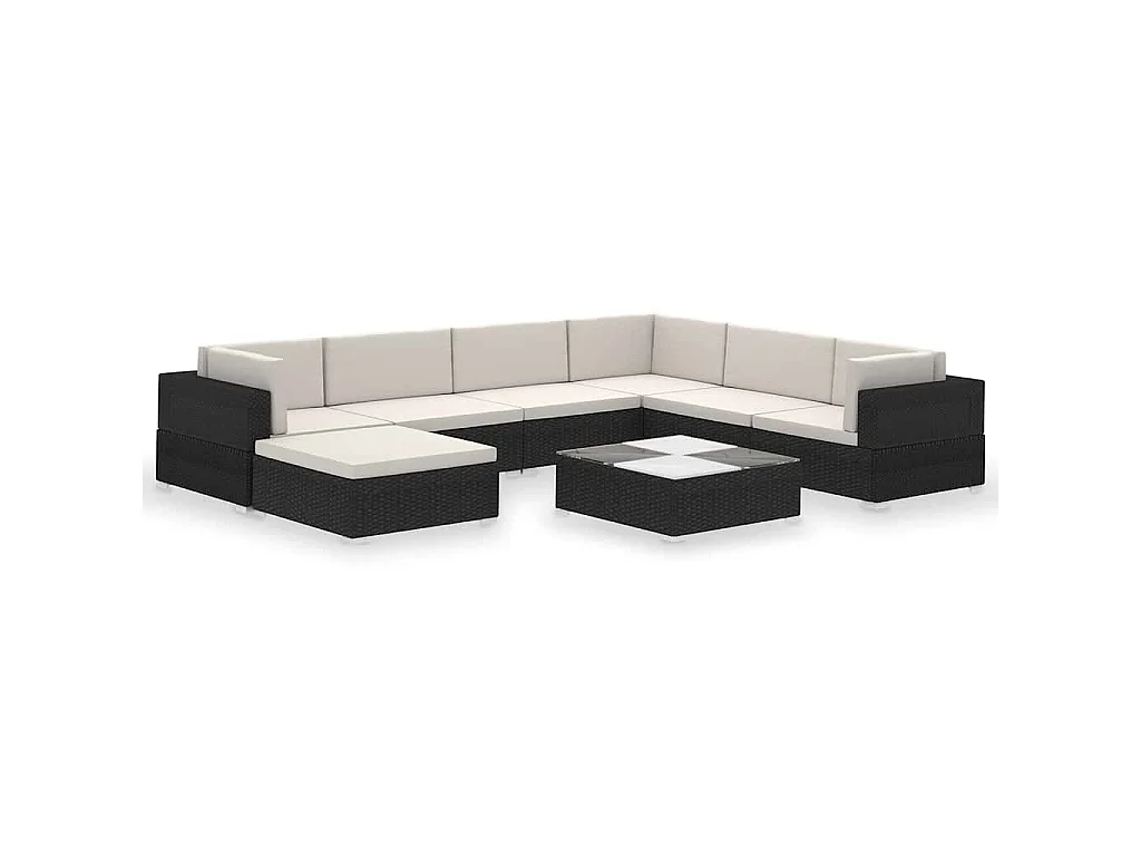 Set de muebles de jardín 8 pzas y cojines ratán sintético negro