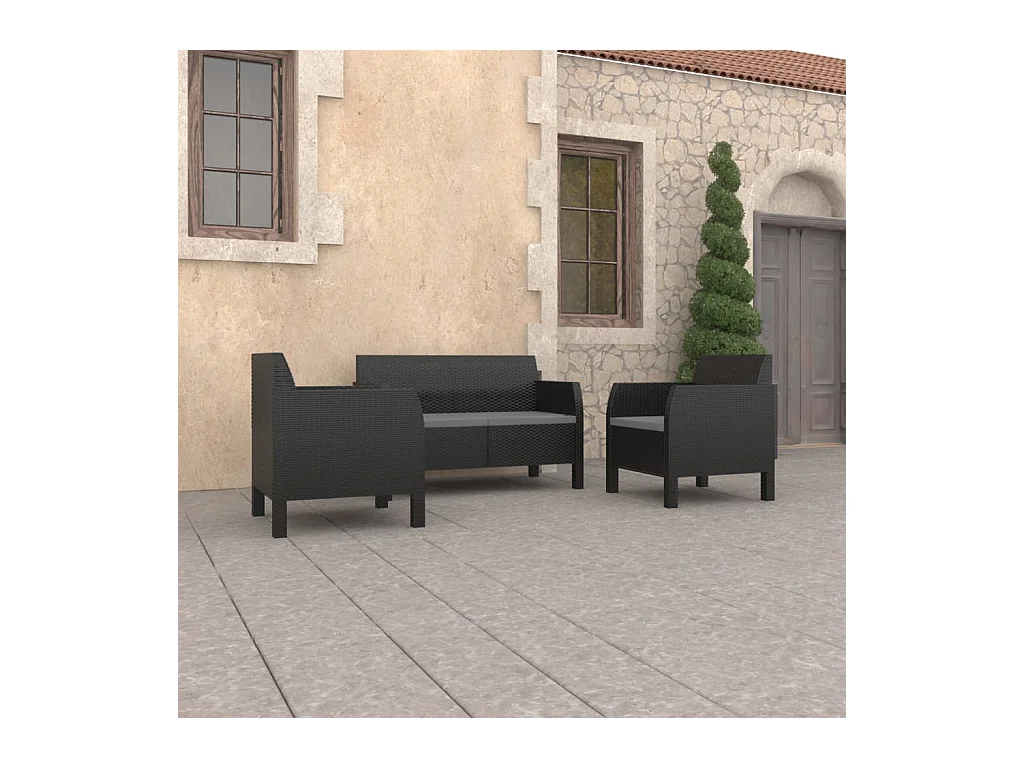 Salon de jardin 3 pcs avec coussins PP Rotin Anthracite